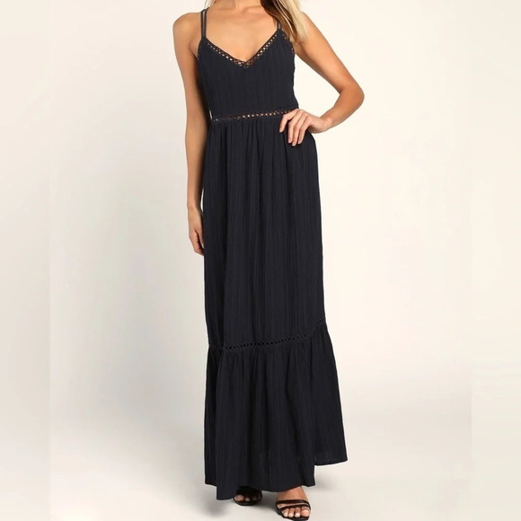 Lulus Dress Womens XS Navy Relaxed Vibes Strappy Lace Beachy Boho Coastal Maxi - Picture 2 of 15